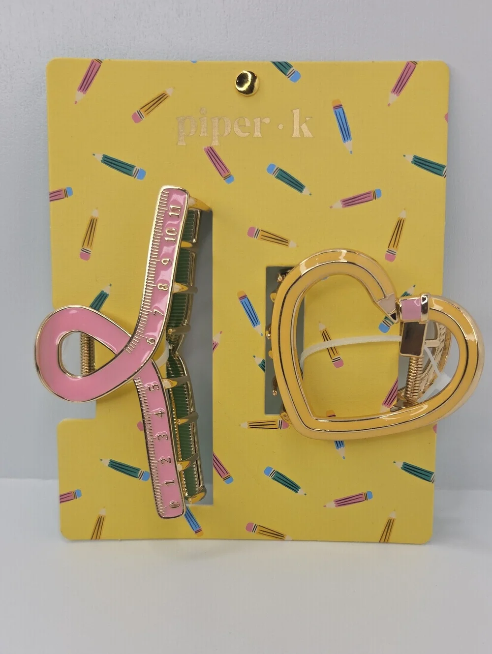 📏▪️✏️Piperk K  Pink  Ruler Hair And Heart Pencil Hair Metal Claw Clips